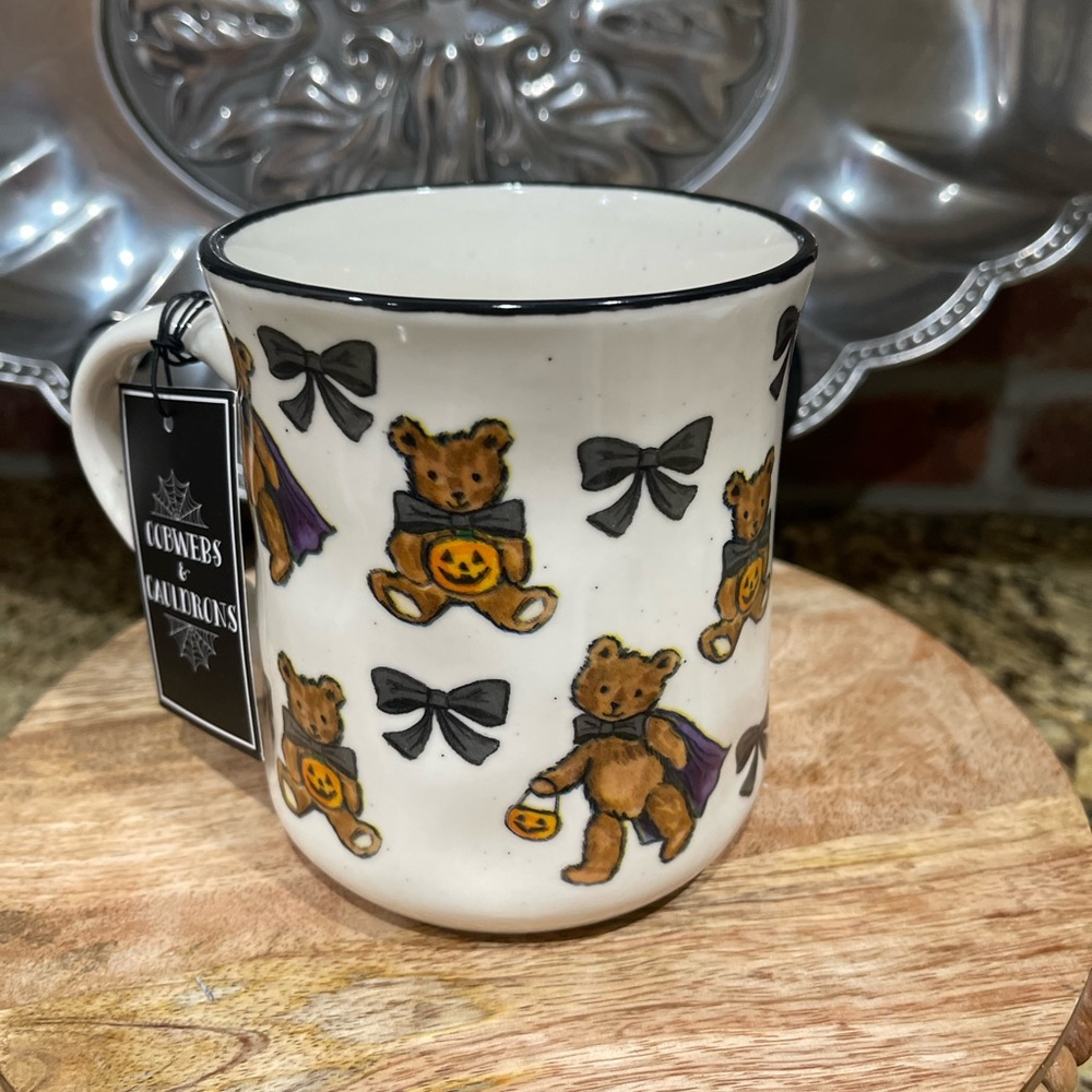 Cobwebs and Cauldrons Teddy Bear pumpkin and Bows oversize mug - Brand new!